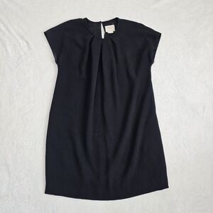 Kate Spade Dress Black Pleated Neck Cap Sleeves Tapered Hem Crepe Dress Size 12